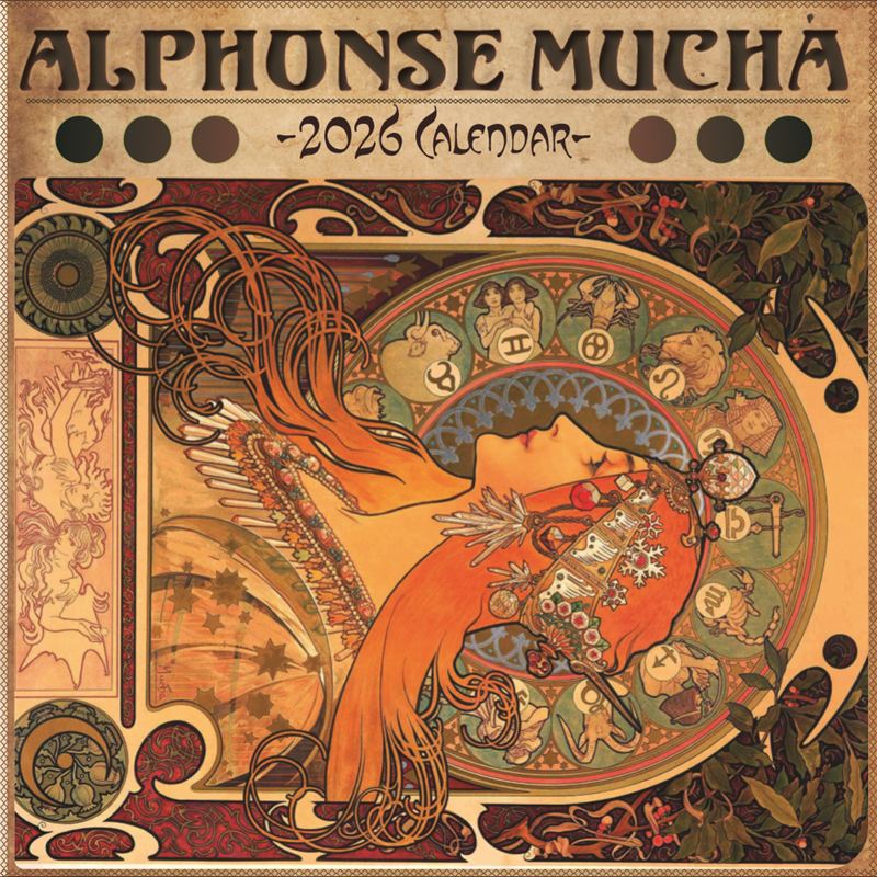 Cover of a 2026 Alphonse Mucha art calendar with nouveau lettering